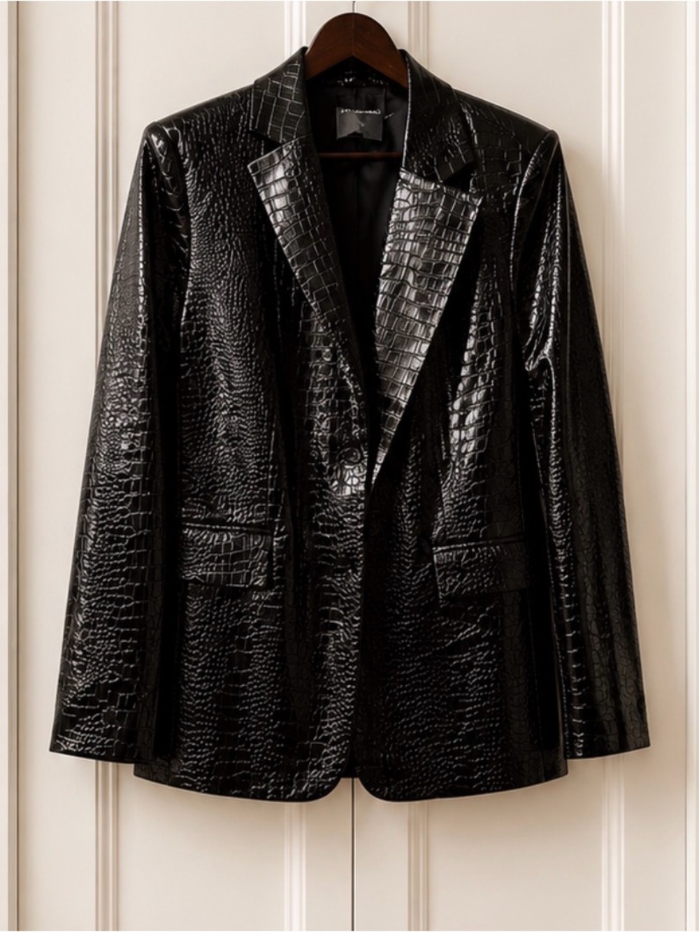 Croc-Embossed Black Patent Blazer Jacket